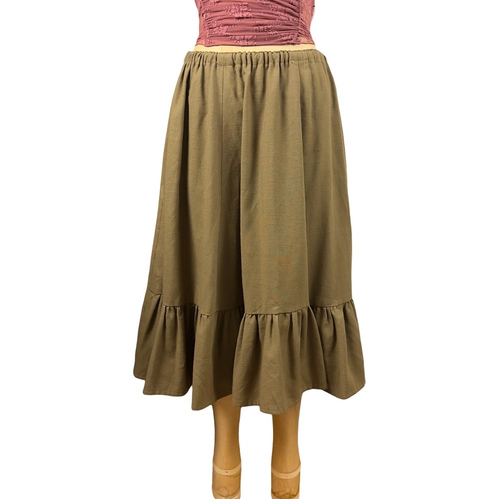 Vintage Prairie Ruffled Hem Skirt Earthy Boho Elastic Waist Cotton Linen Size S